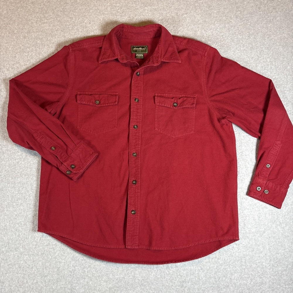 VTG Eddie Bauer Men's Long Sleeve Button Up Red Sz L 100% Cotton Heavy Warm